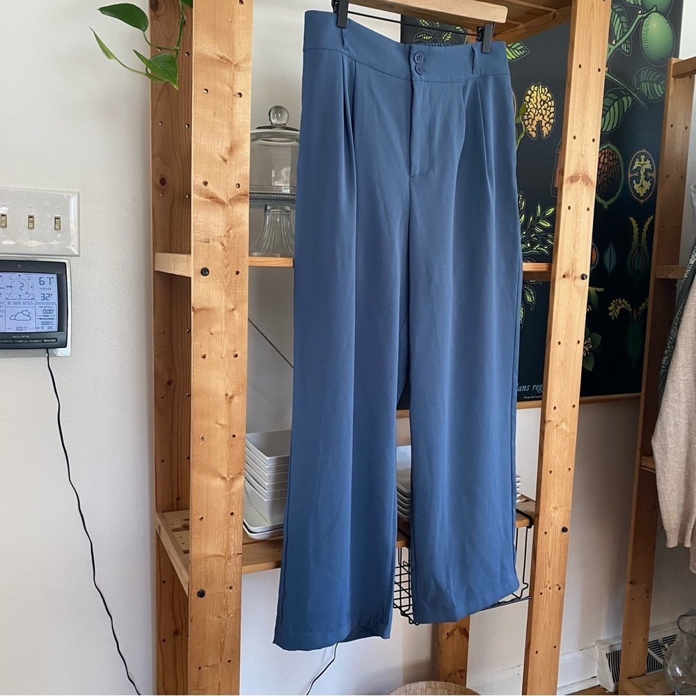 Halara Blue High Waisted Button Shirred Straight Leg Work Trouser Pants Large - Picture 5 of 15